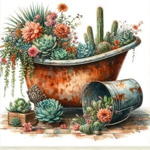 Rustic Copper Bathtub Planter with Succulents Diamond Art Kit